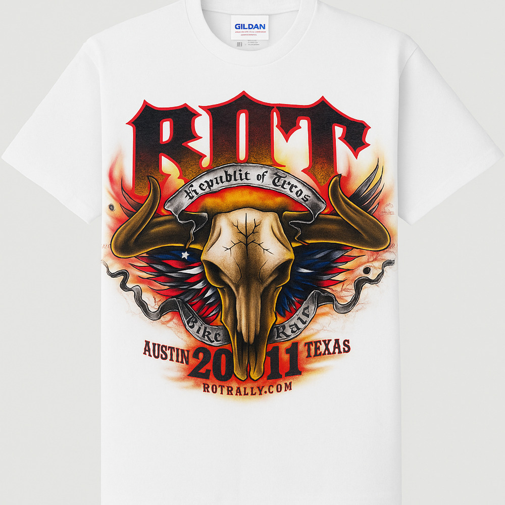 ROT Rally TShirt Mens XL White 2011 Austin Texas Longhorn Skull‎ Biker Graphic